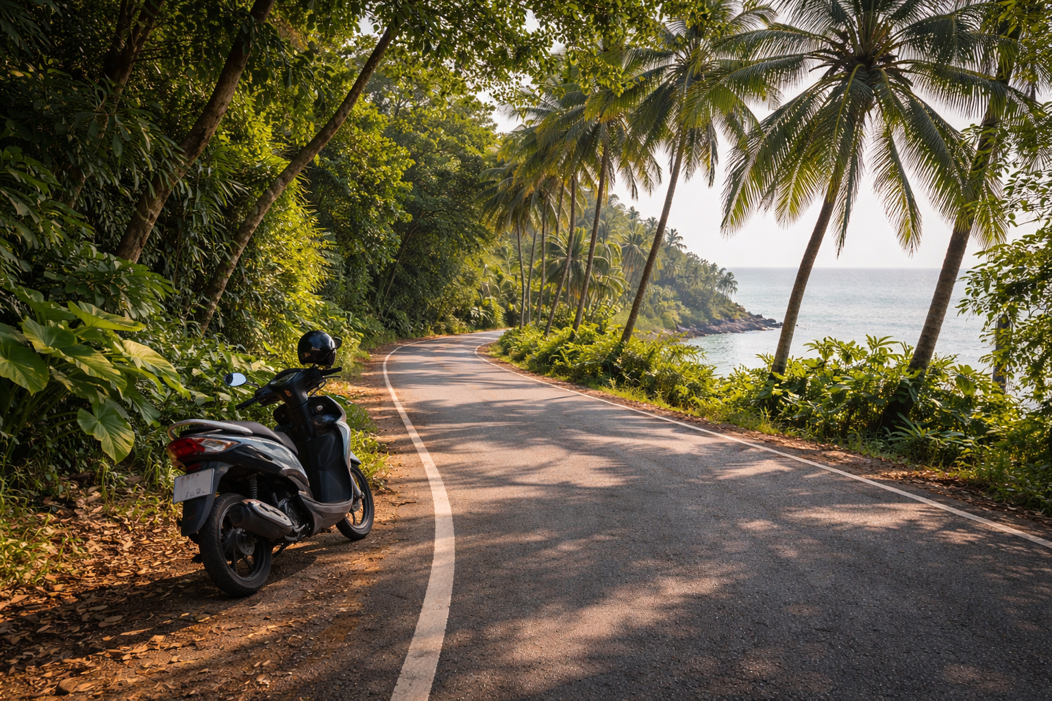 Scooter on shaded coastal road